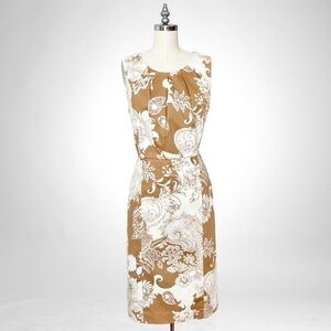 Talbots Paisley Floral Print Sheath Dress Tan & Cream Pleated Neckline Size 10